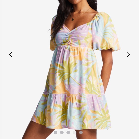 Urban Outfitters/Billabong Purple Green Puff Sleeve Mini Dress - Picture 1 of 10